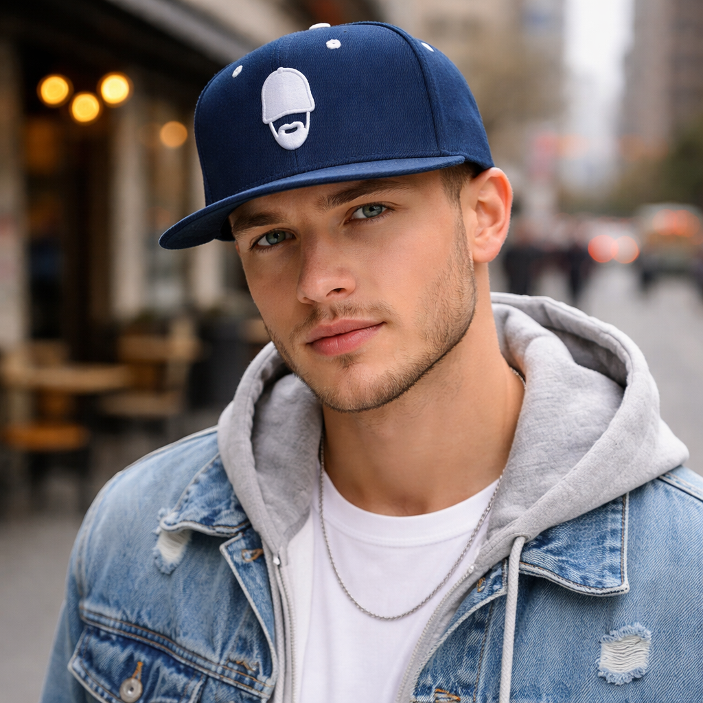 Navy Blue Snapback Hat with Bearded Man Embroidery