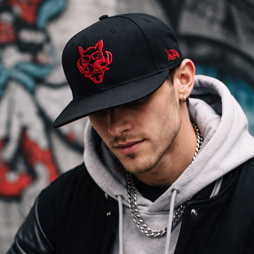 Black Embroidered Wolf Logo Snapback Cap Flat Brim Hip Hop Hat