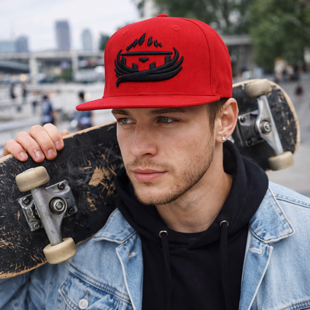 6 Panel Flat Brim Snapback Cap with Raised Embroidered Logo