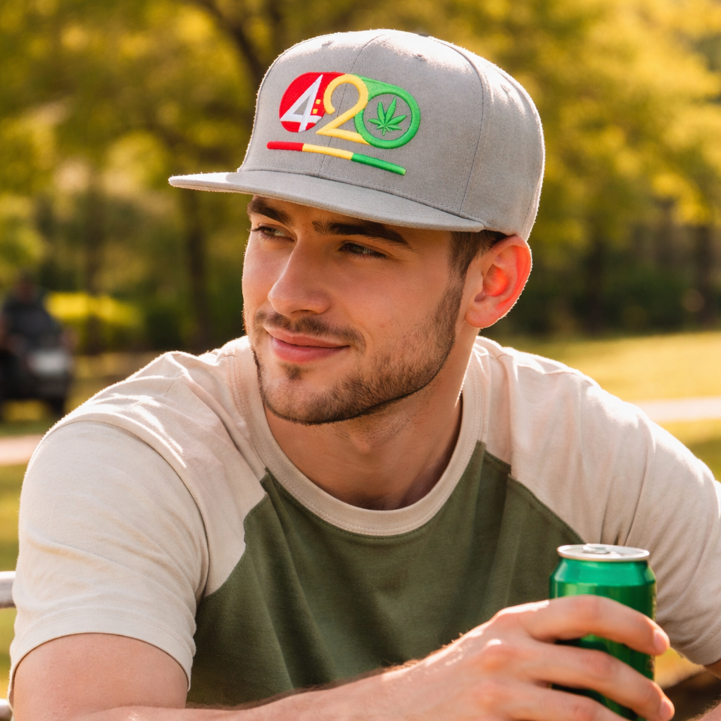 Premium Embroidered 420 Graphic Flat Brim Cap in Grey – High Quality Custom Design