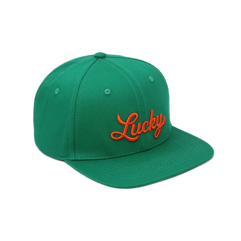 Green Lucky Embroidered Snapback Cap Flat Brim Street Style Adjustable Hat