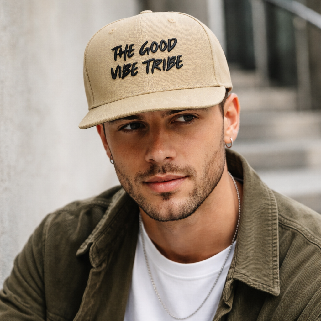Khaki 6 Panel Snapback Cap with Embroidered Slogan