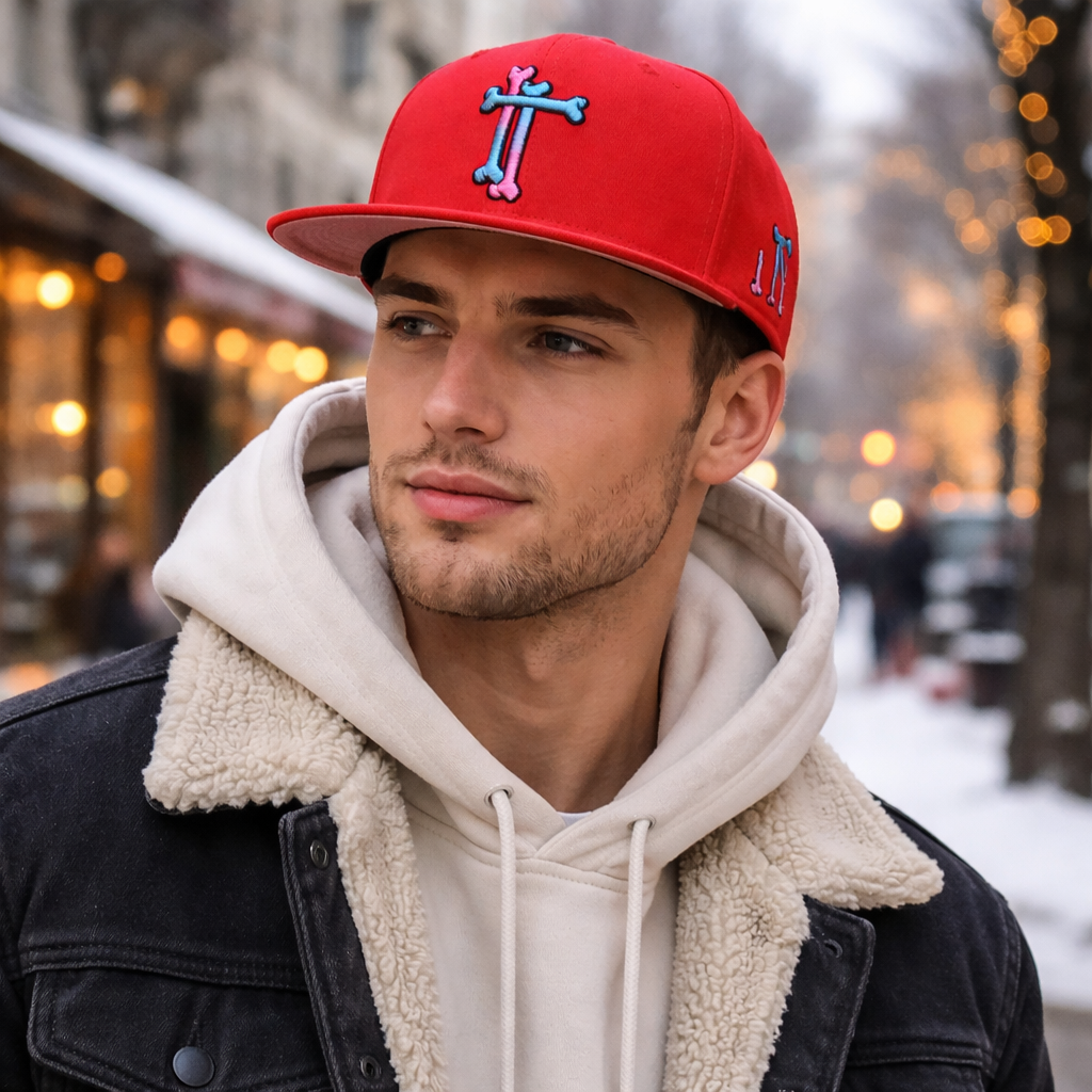Red Bone Letter Embroidery Flat Brim Snapback Cap