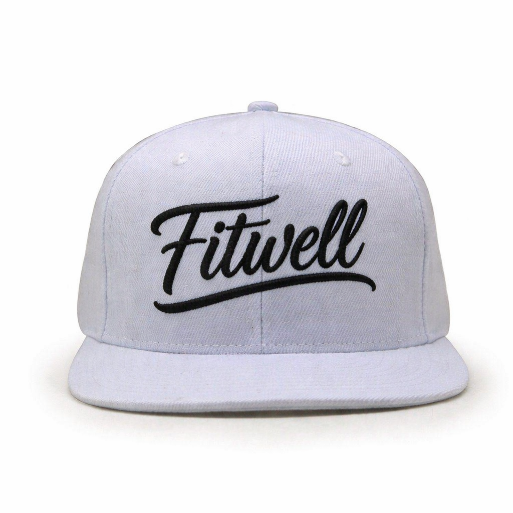 White Flat Brim Snapback Hat with Black Script Embroidery