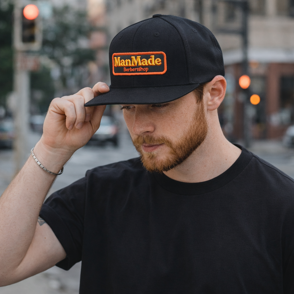 ManMade Barbershop Black Flat-Brim Hat with Embroidered Logo