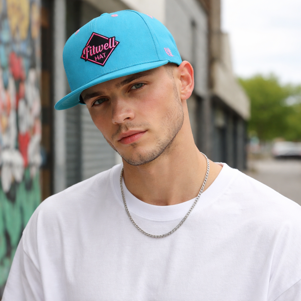 Bright Blue Flat Brim Snapback Hat with Logo Embroidery