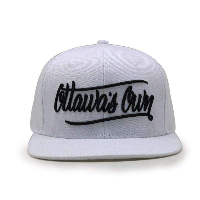 White Flat Brim Snapback Hat with Black Script Embroidery
