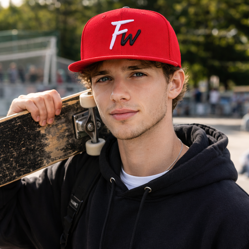 Red 6 Panel Snapback Cap with Minimal T6 Embroidered Logo