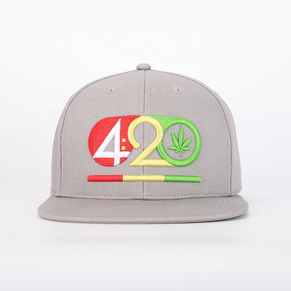 Premium Embroidered 420 Graphic Flat Brim Cap in Grey – High Quality Custom Design
