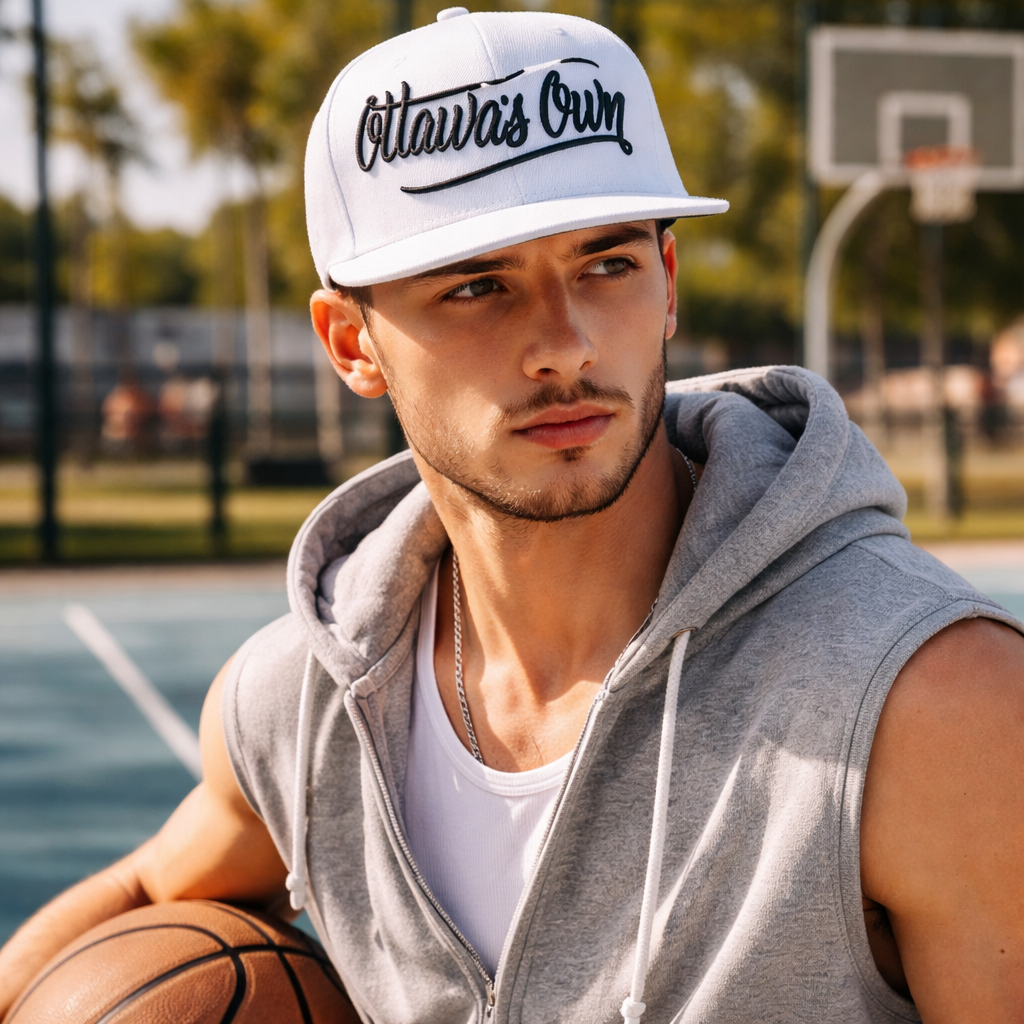 White Flat Brim Snapback Hat with Black Script Embroidery