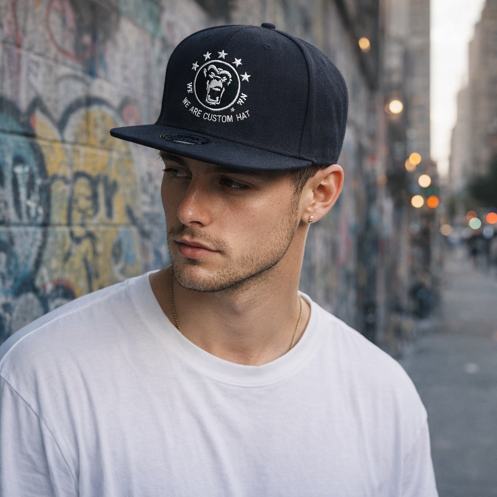 6 Panel Flat Brim Snapback Cap with Custom Embroidered Logo