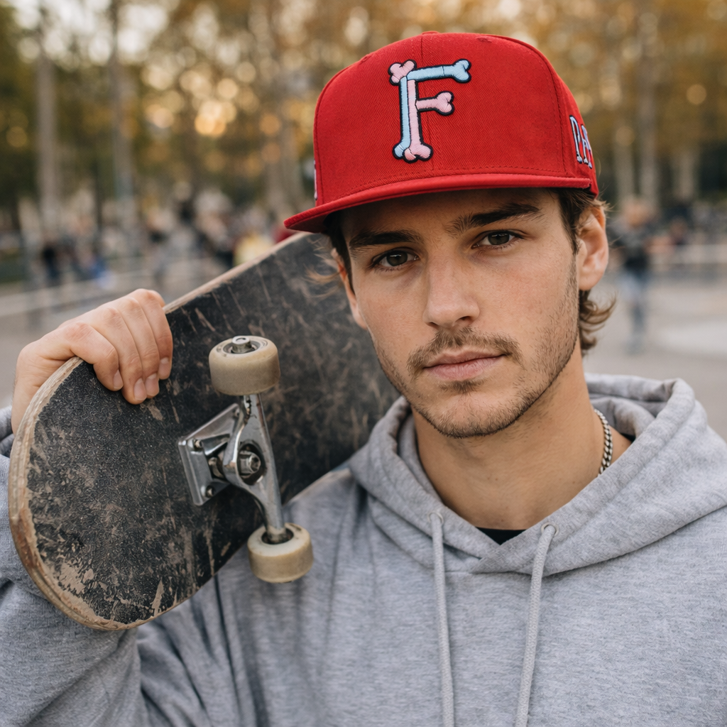 Red Bone Letter Embroidery Flat Brim Snapback Cap