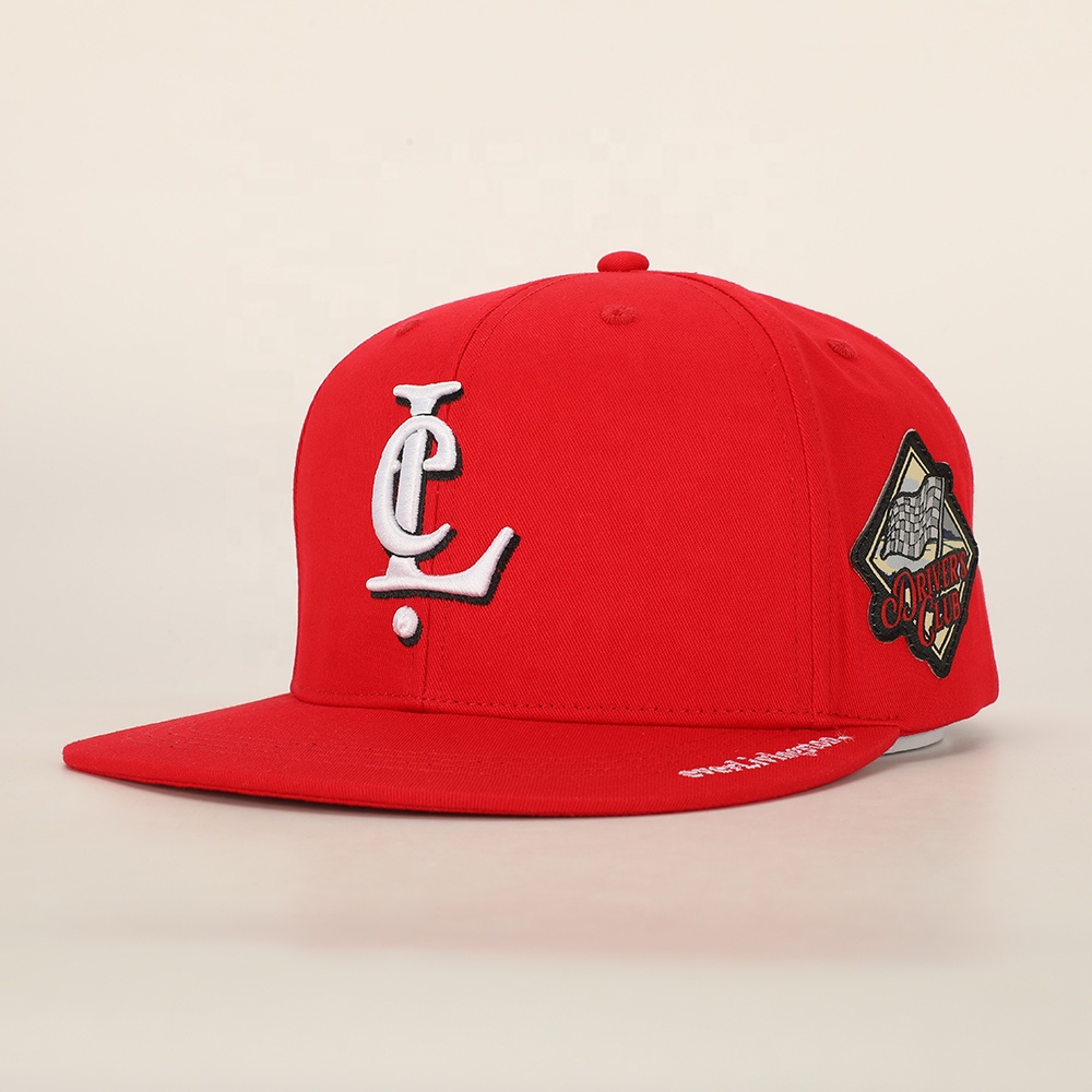 Red Flat Brim 6 Panel Embroidered Logo Snapback Cap