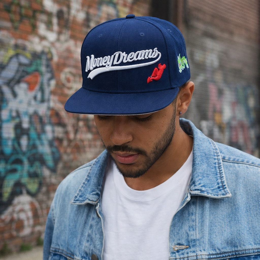 Money Dreams Embroidered Navy Blue Snapback Hat