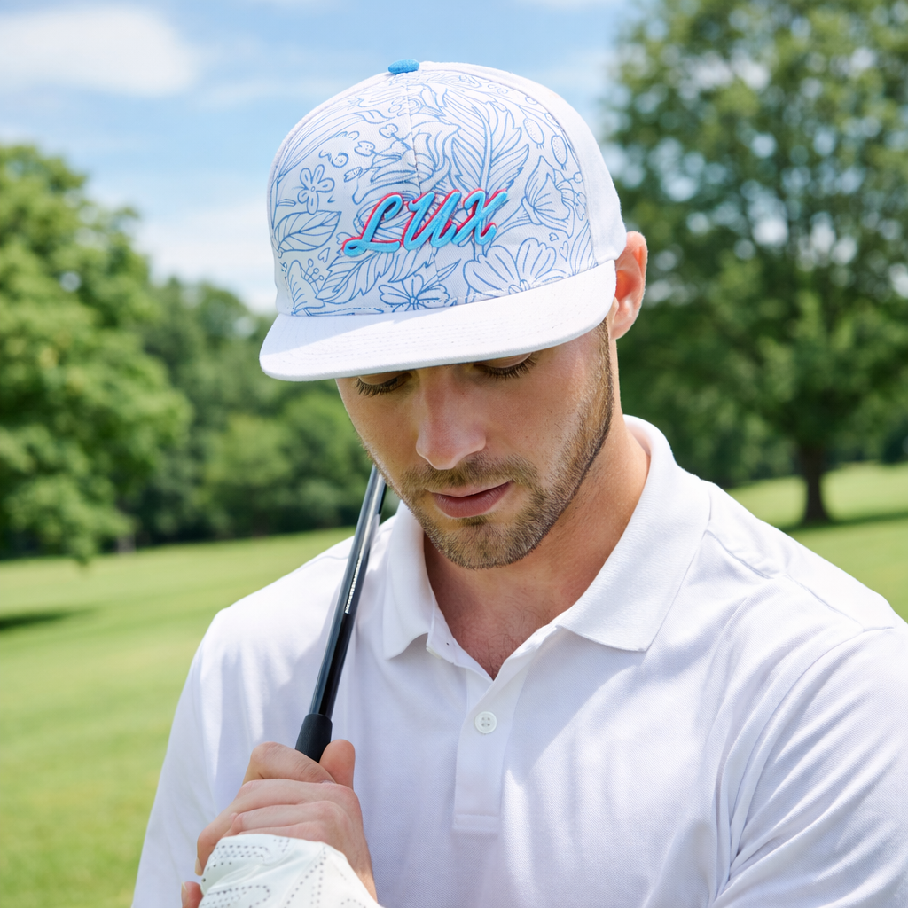 Blue Floral Pattern 3D Script Embroidery Flat Brim Snapback Cap