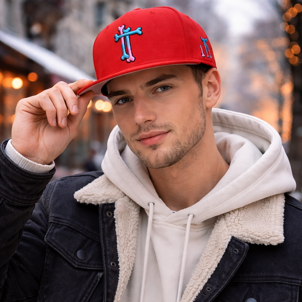 Red Bone Letter Embroidery Flat Brim Snapback Cap