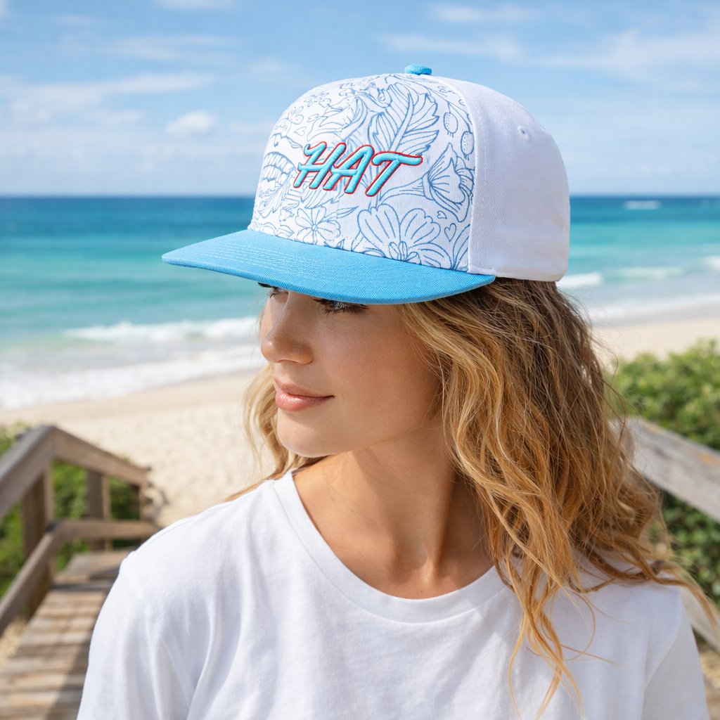Blue Floral Pattern 3D Script Embroidery Flat Brim Snapback Cap