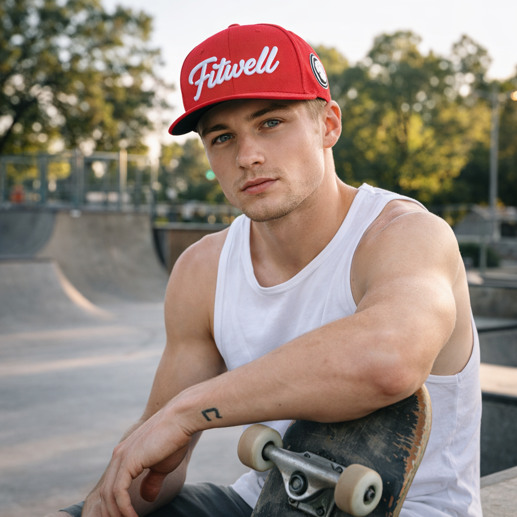 Red Embroidered Logo Snapback Cap Flat Brim Street Style Adjustable Hat