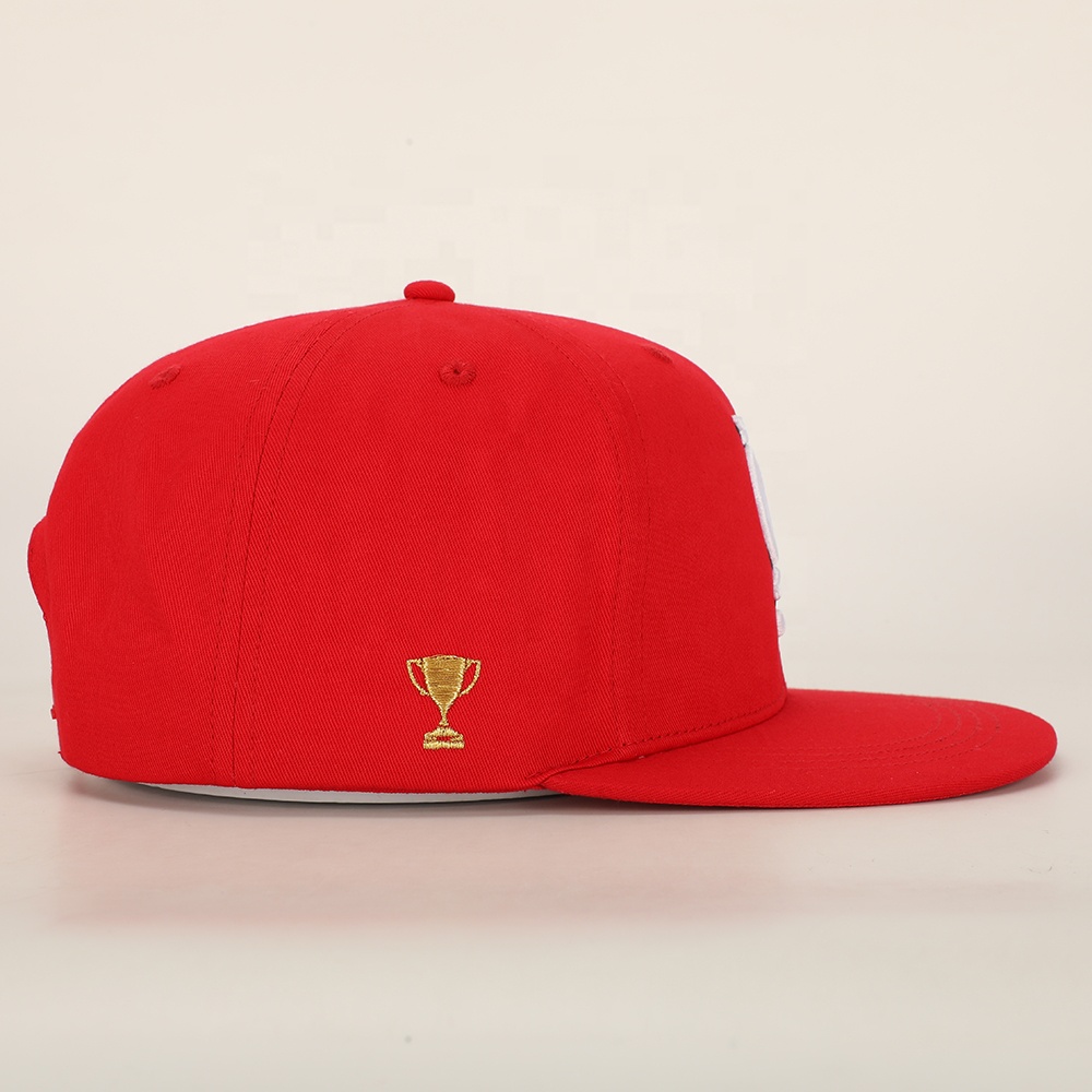 Red Flat Brim 6 Panel Embroidered Logo Snapback Cap