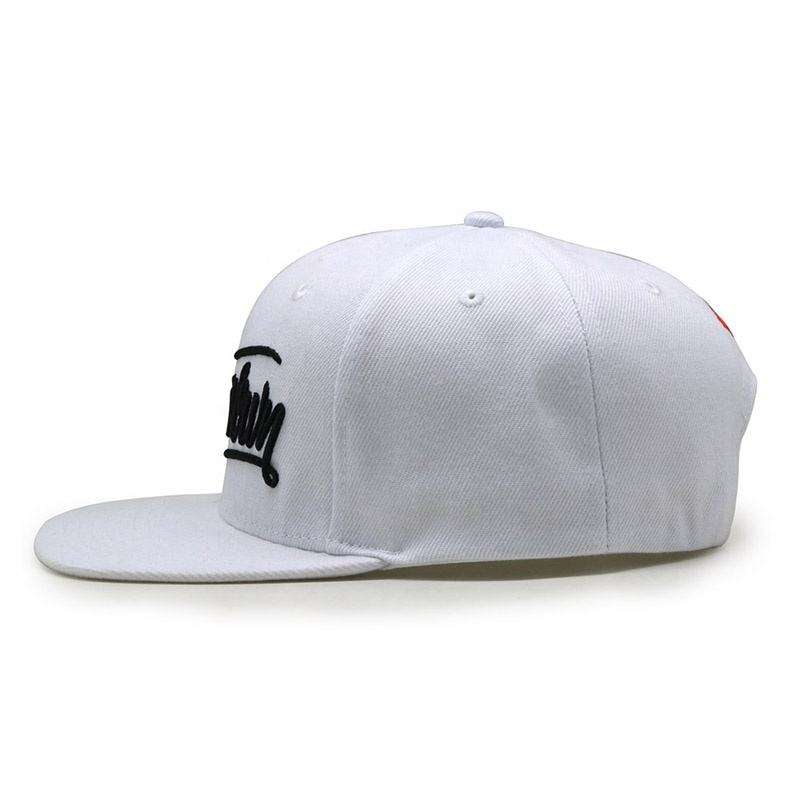 White Flat Brim Snapback Hat with Black Script Embroidery