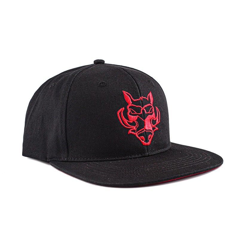 Black Embroidered Wolf Logo Snapback Cap Flat Brim Hip Hop Hat