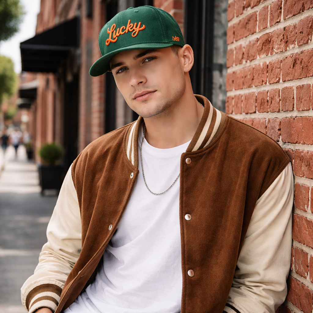 Green Lucky Embroidered Snapback Cap Flat Brim Street Style Adjustable Hat