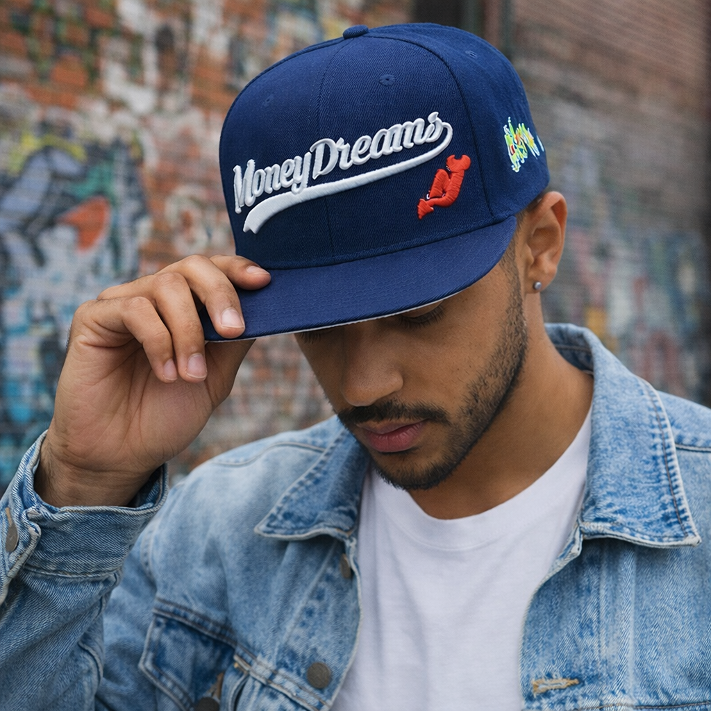 Money Dreams Embroidered Navy Blue Snapback Hat