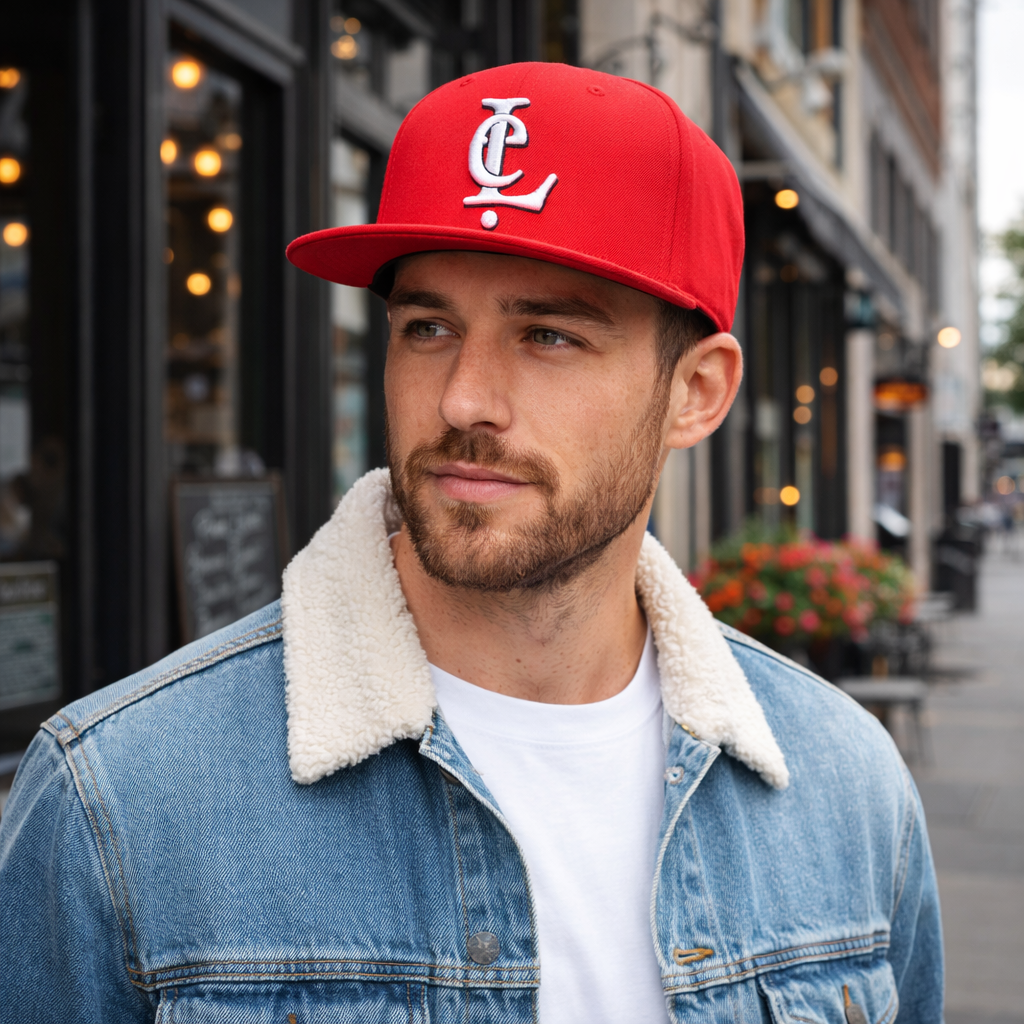 Red Flat Brim 6 Panel Embroidered Logo Snapback Cap