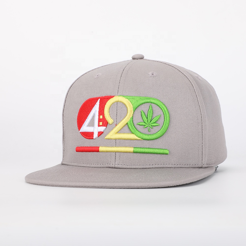 Premium Embroidered 420 Graphic Flat Brim Cap in Grey – High Quality Custom Design