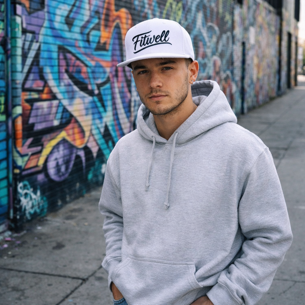 White Flat Brim Snapback Hat with Black Script Embroidery