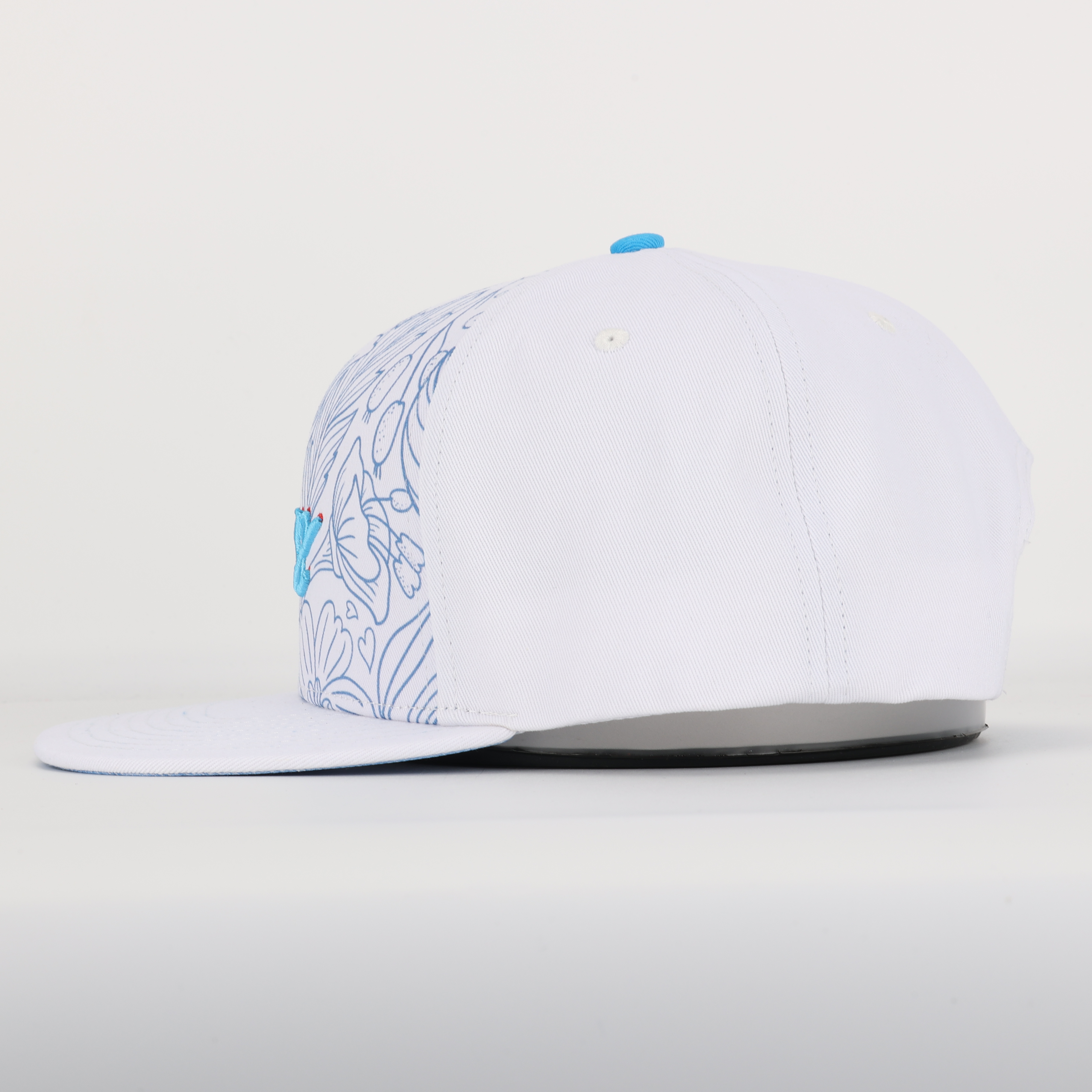Blue Floral Pattern 3D Script Embroidery Flat Brim Snapback Cap