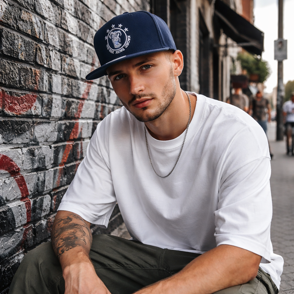 6 Panel Flat Brim Snapback Cap with Custom Embroidered Logo