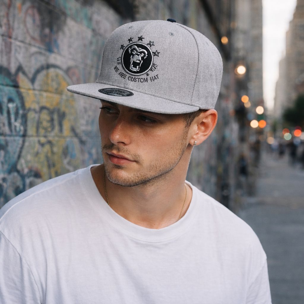 6 Panel Flat Brim Snapback Cap with Custom Embroidered Logo