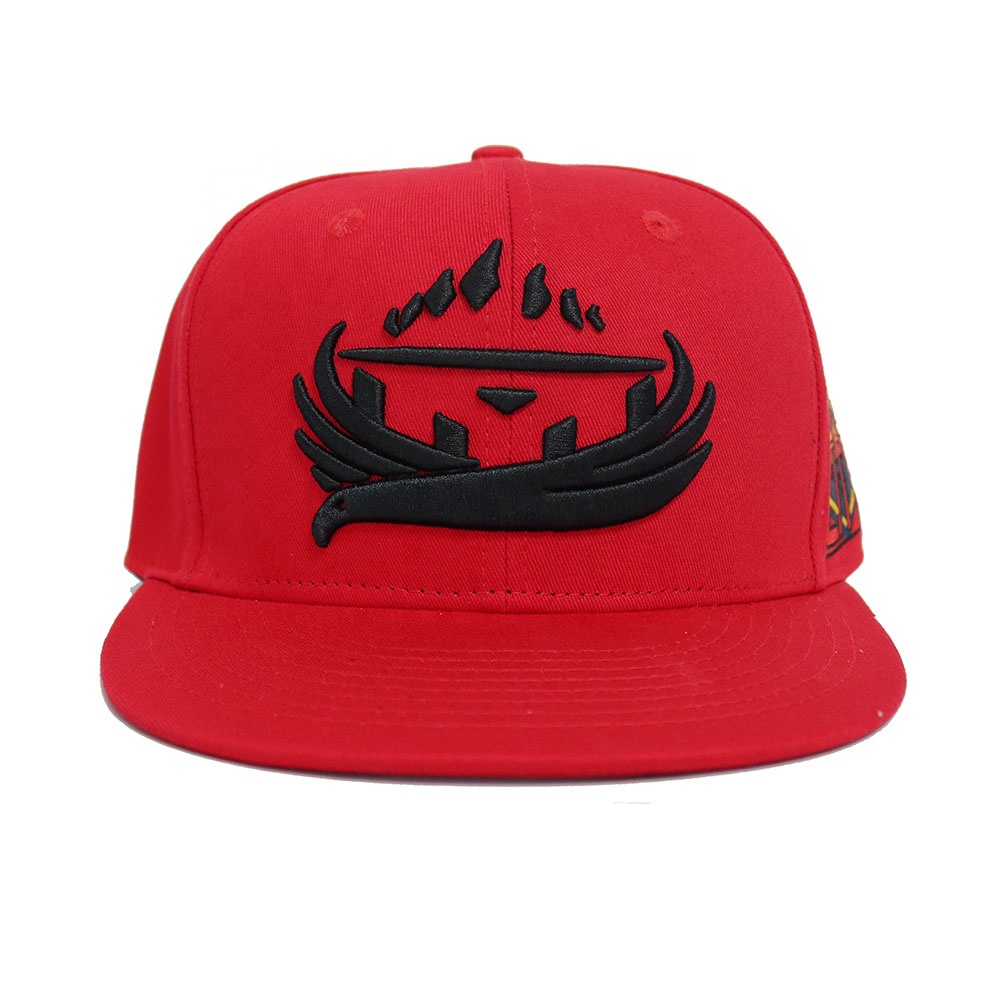 6 Panel Flat Brim Snapback Cap with Raised Embroidered Logo