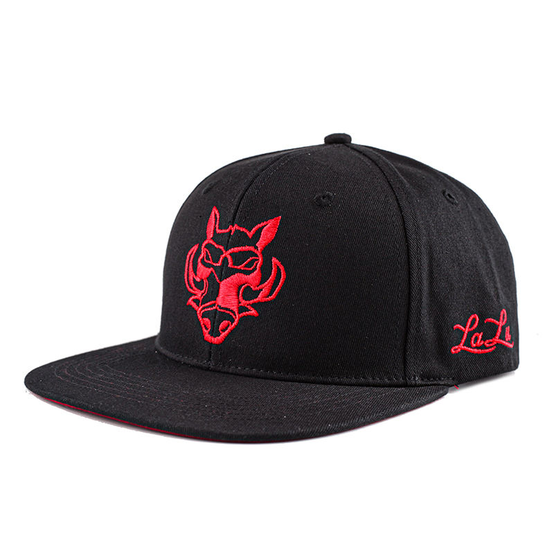 Black Embroidered Wolf Logo Snapback Cap Flat Brim Hip Hop Hat