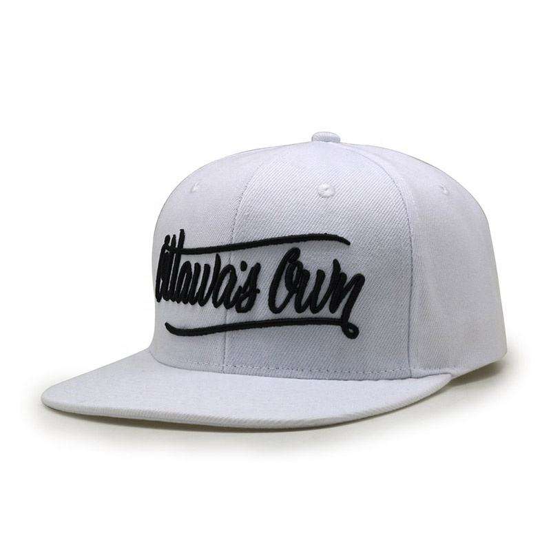 White Flat Brim Snapback Hat with Black Script Embroidery