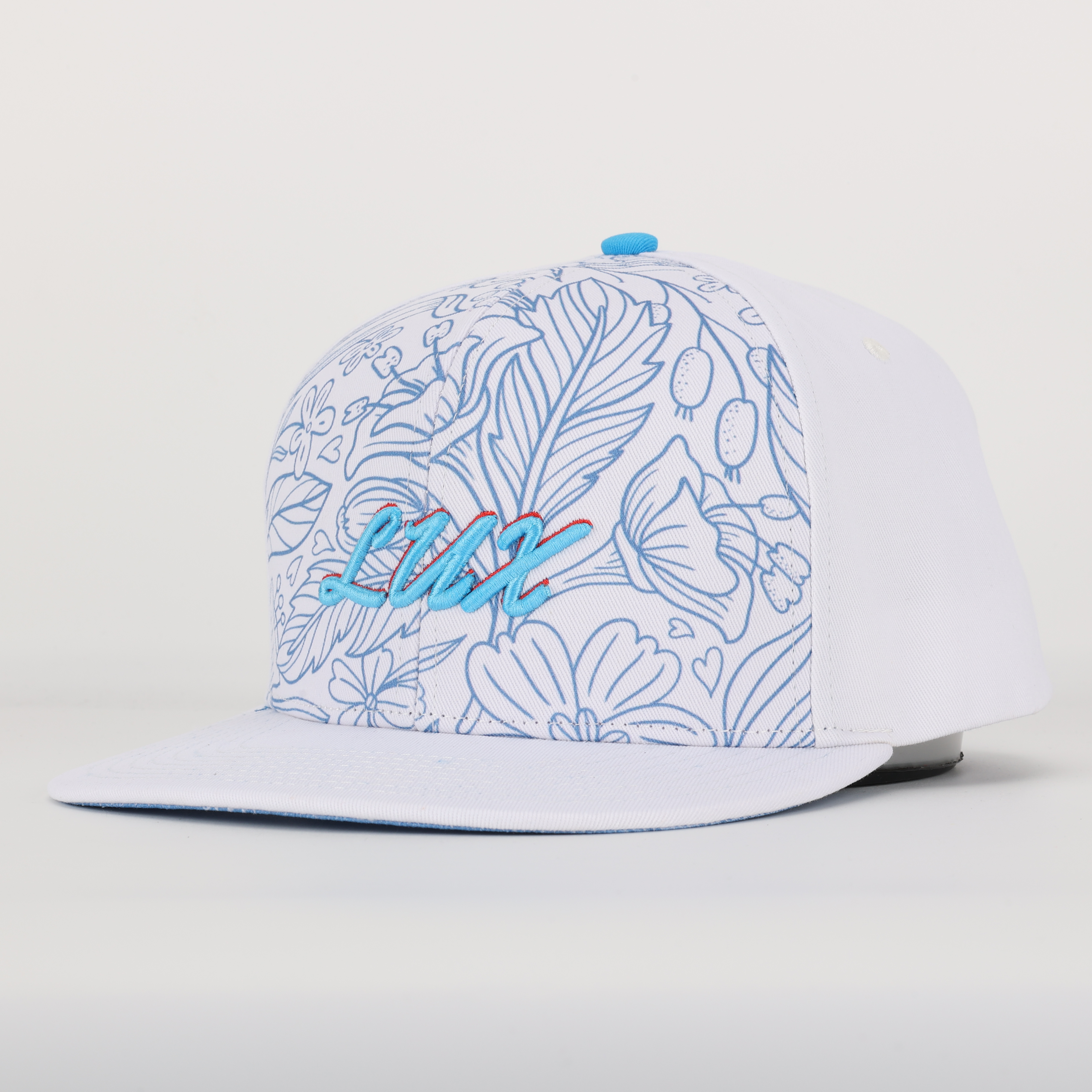Blue Floral Pattern 3D Script Embroidery Flat Brim Snapback Cap