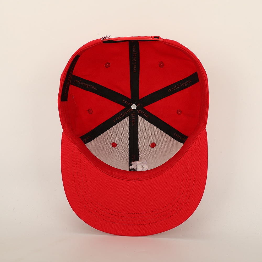 Red Flat Brim 6 Panel Embroidered Logo Snapback Cap