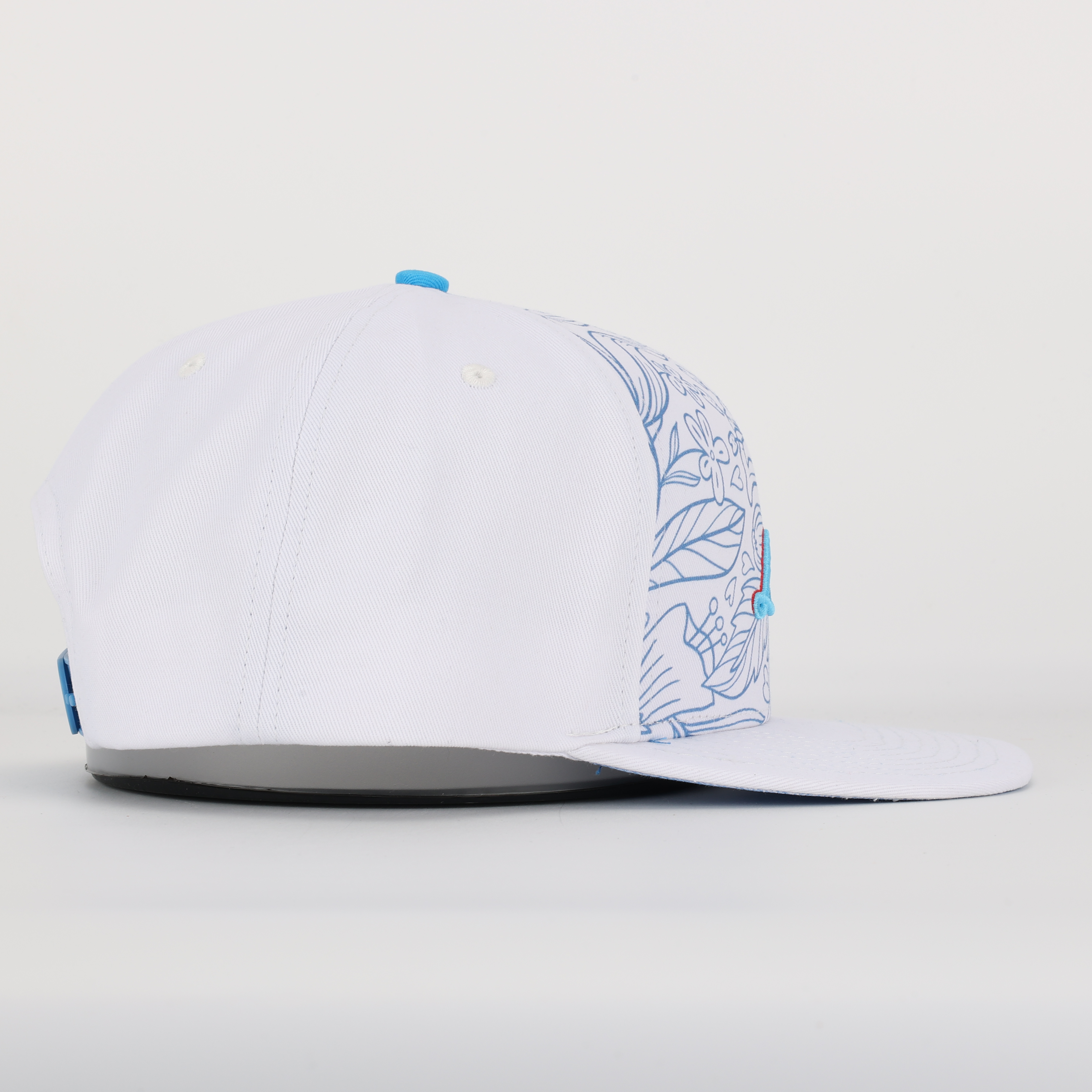 Blue Floral Pattern 3D Script Embroidery Flat Brim Snapback Cap