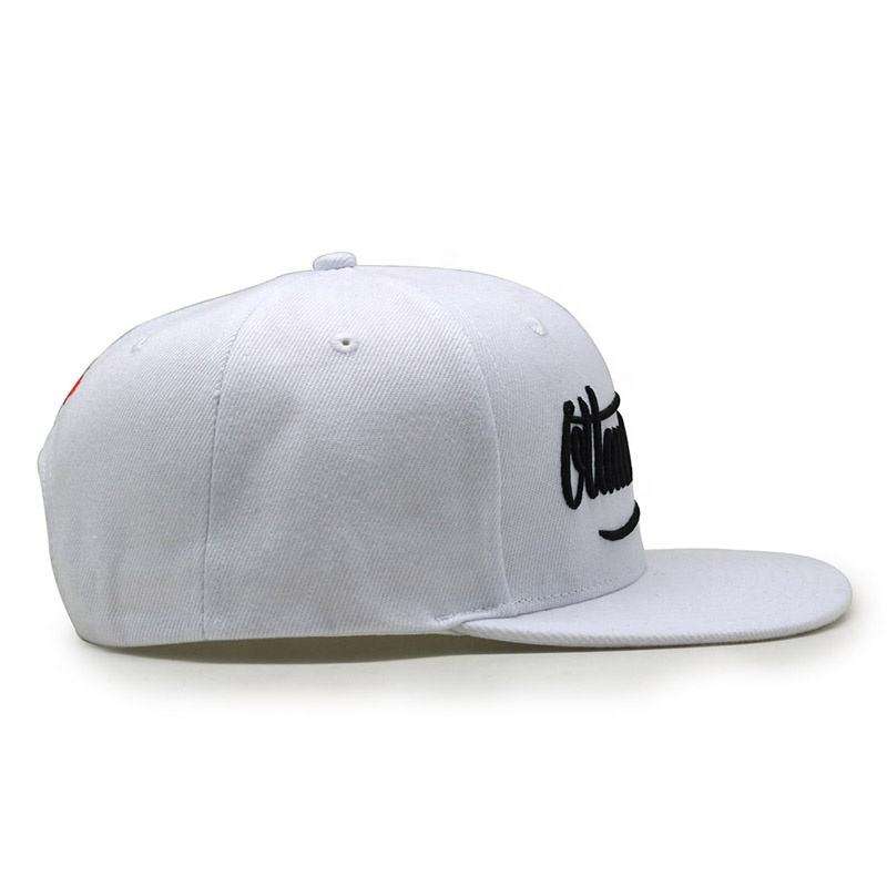 White Flat Brim Snapback Hat with Black Script Embroidery