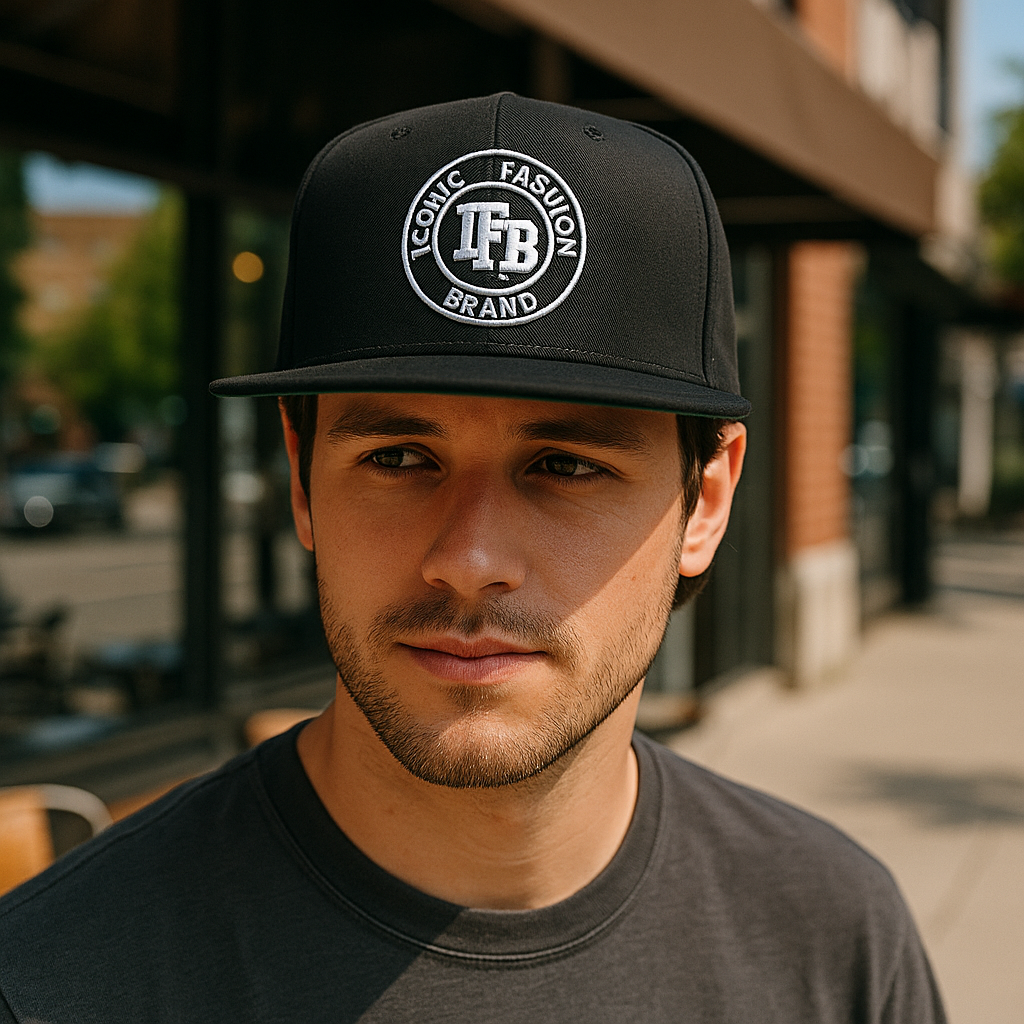 Black Flat Brim Snapback Hat with Iconic Fashion Brand 3D Embroidery