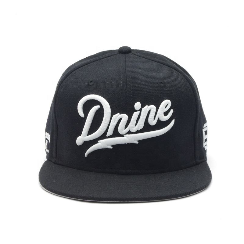 Dnine Black 3D Embroidered Flat Bill Snapback Cap