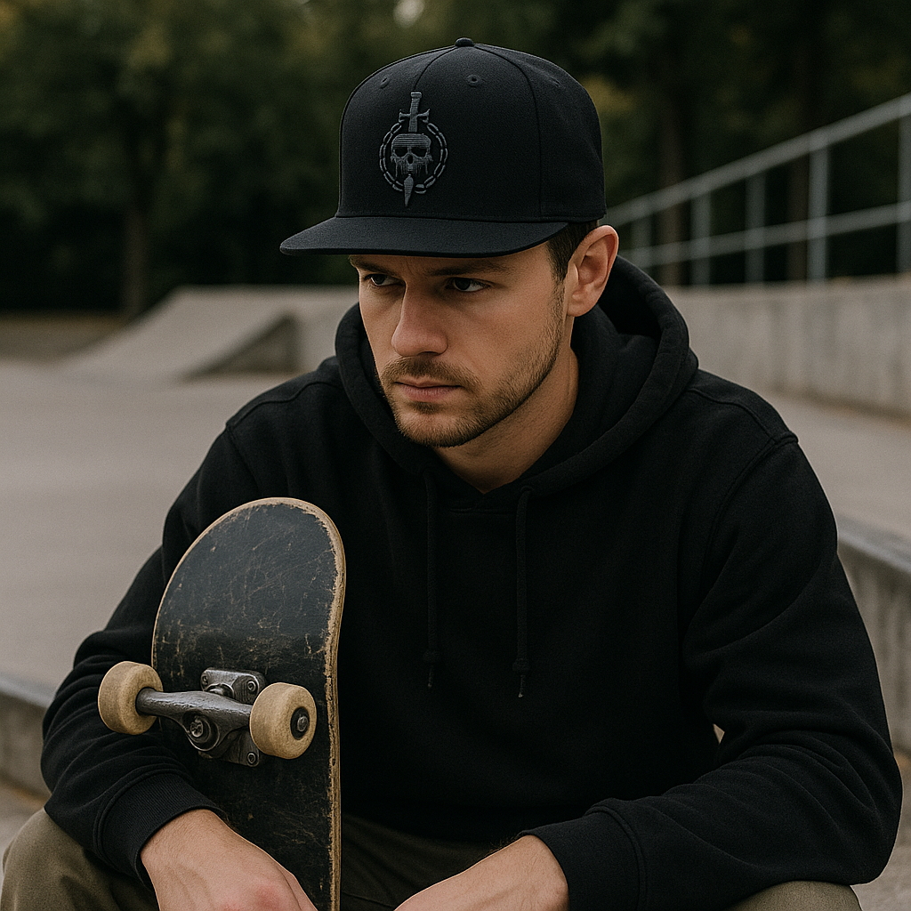 All-Black 6-Panel Flat Brim Snapback Hat with 3D Skull Embroidery
