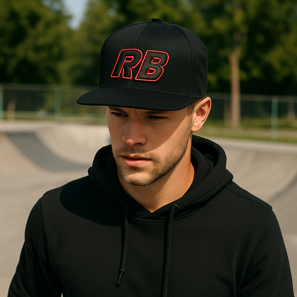 Black Flat Brim Snapback Hat with 3D RB Embroidery