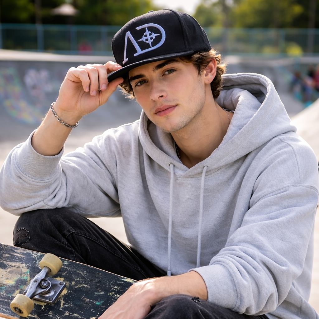 Black 6 Panel Snapback Cap with 3D Embroidered Logo Classic Streetwear Hat