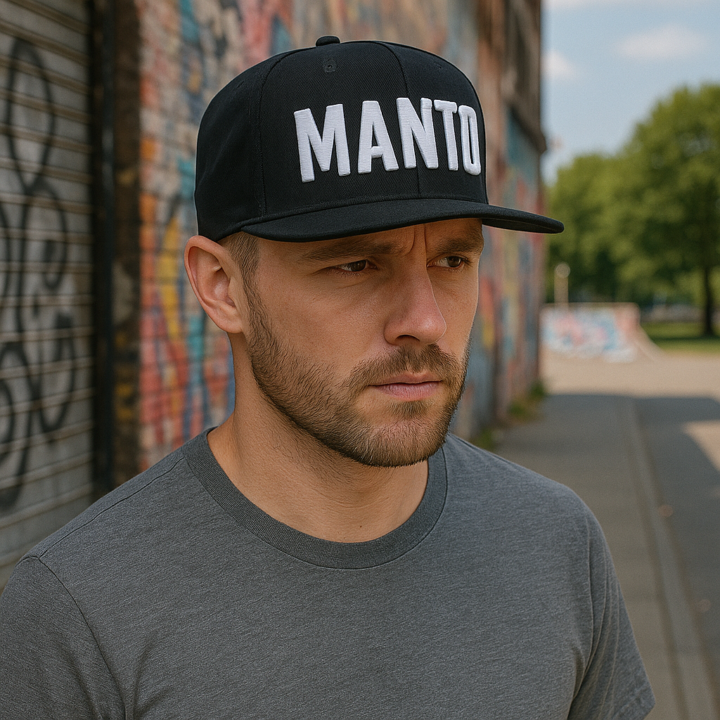 MANTO Letter 3D Embroidered Flat Brim Snapback Cap