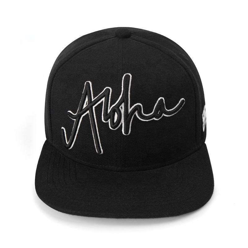 Black Aloha Script Embroidered Flat Brim Snapback Hat