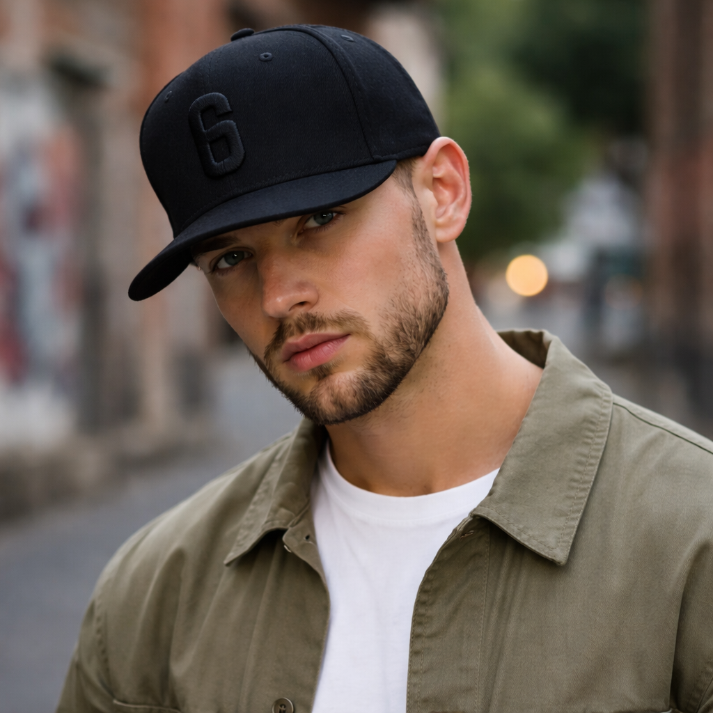 Black 6-Panel Flat Brim Snapback Cap with 3D Embroidered Logo