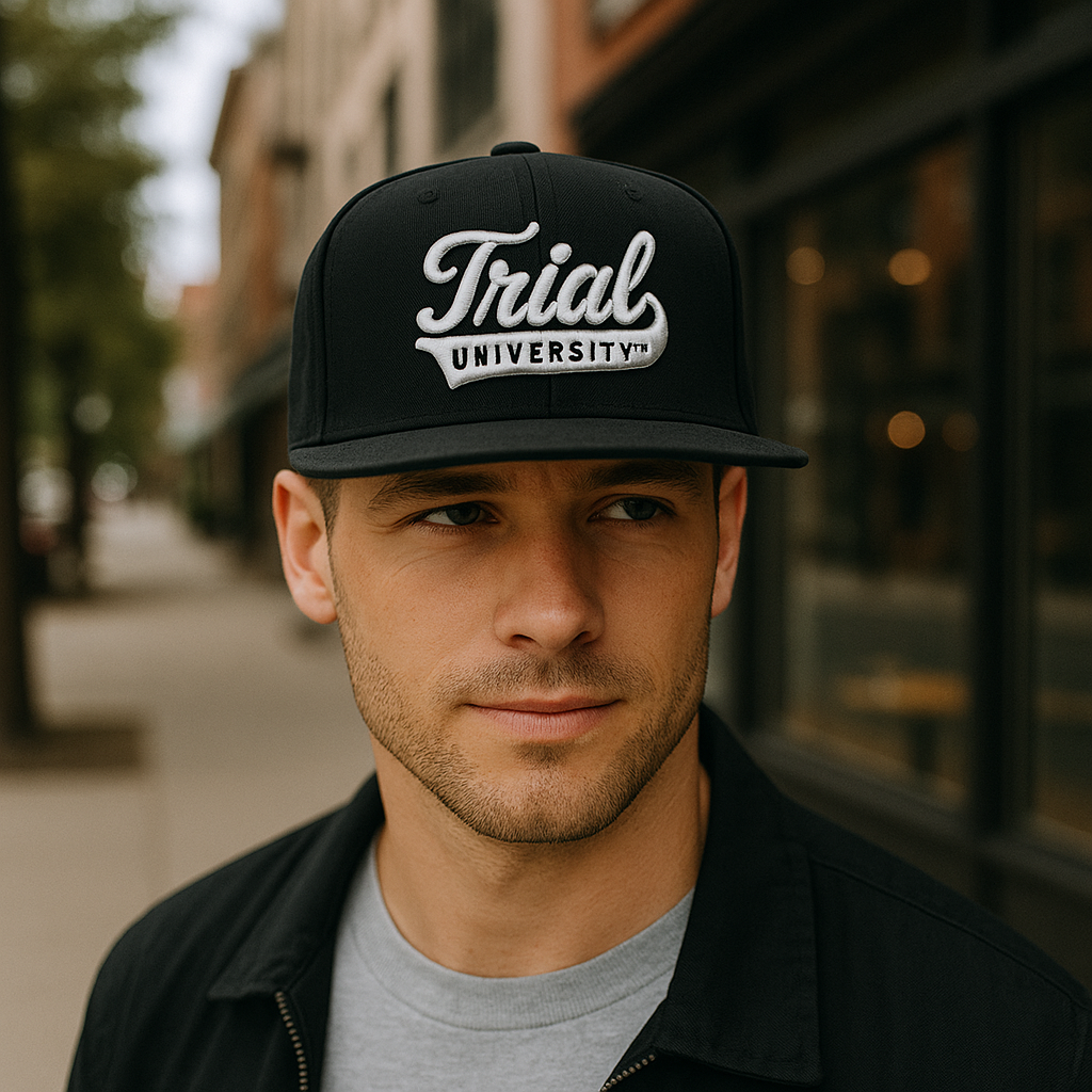 Black Snapback Hat with Trial University 3D Embroidery – Flat Brim Cap
