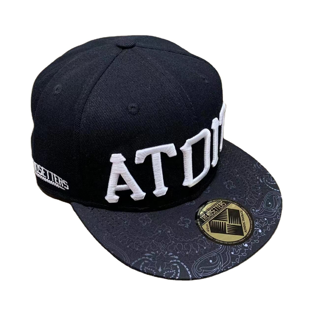 Black Snapback Hat with 3D Embroidered Lettering and Patterned Brim